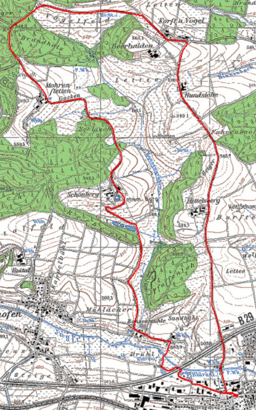 13 Rundweg über Gut Schönberg, Mohrenstetten, Forst und Vogel, Hettelberg (10,5 km) - Geobasisdaten © Landesamt für Geoinformation und Landentwicklung Baden-Württemberg (www.lgl-bw.de)