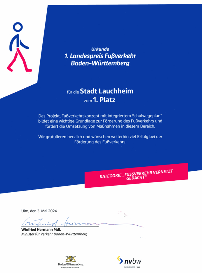 1. Landespreis Fußverkehr BW Urkunde